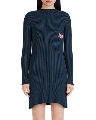 Kenzo Ribbed Fitted Flared Dress Midnight Blue